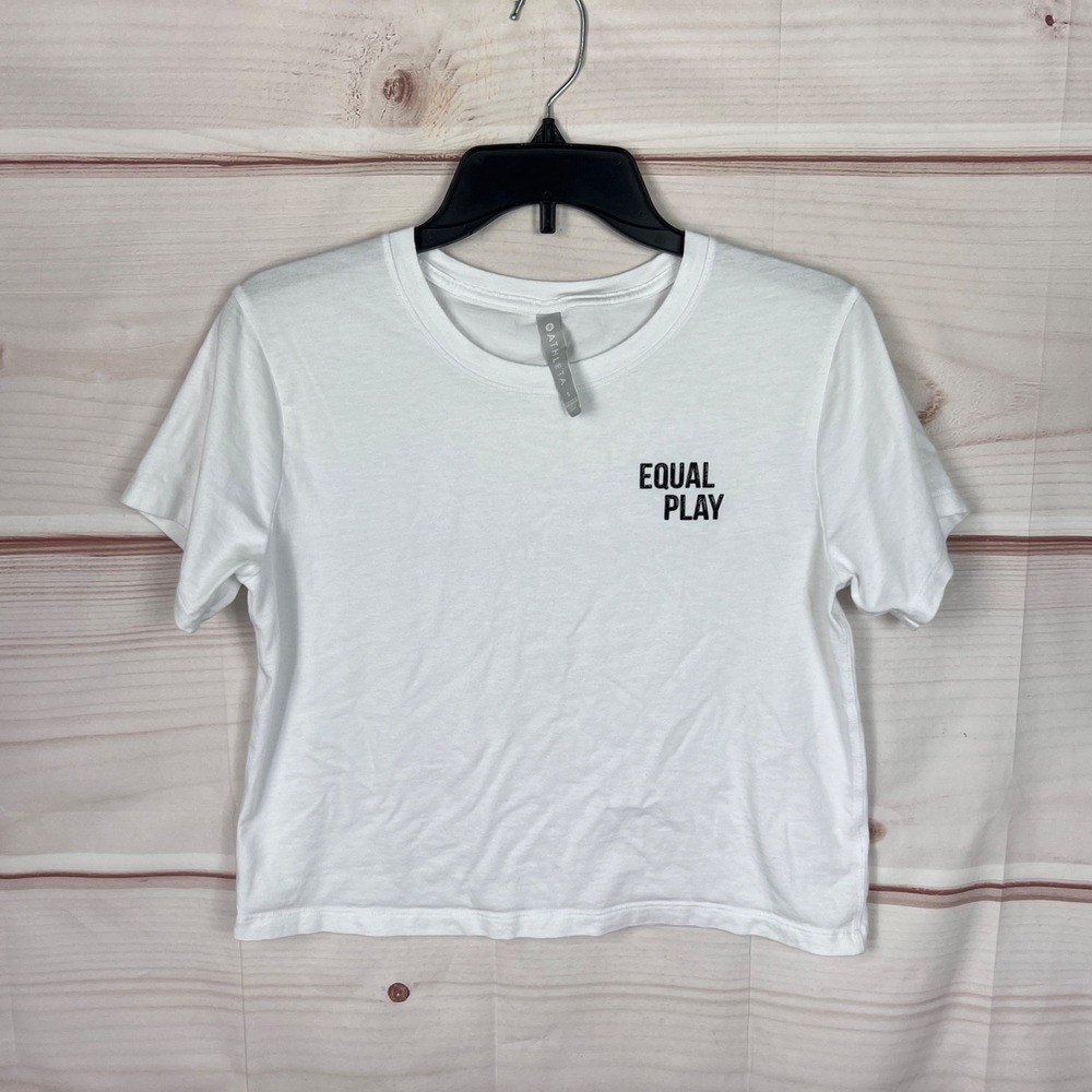 Athleta Top Womens S White Equal Play Graphic‎ Tee Crew Neck Crop T-Shirt Solid